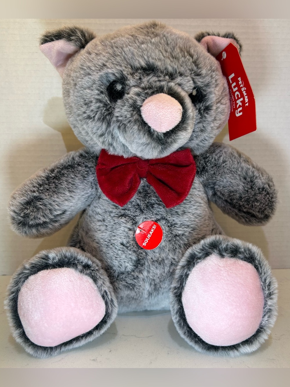 PETSMART CHARITIES Lucky The Cat Plush Dog Toy NWT Gray, White, Pink, Red